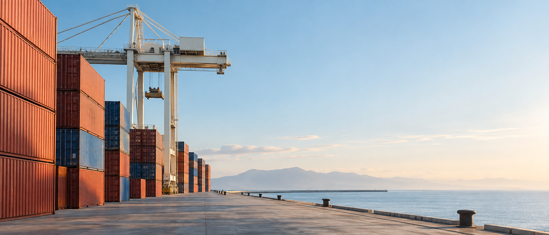 Container stacks on LEFT edge in muted vermilion, a single tall ivory gantry far left, right half quiet pale blue morning sky and vacant quay for headline.