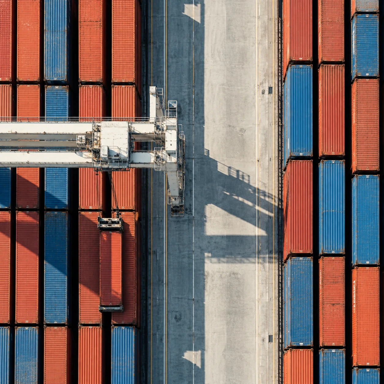 Exact top-down view of four container rows in rust red and cobalt, clean concrete lane off-center, premium abstract industrial geometry.