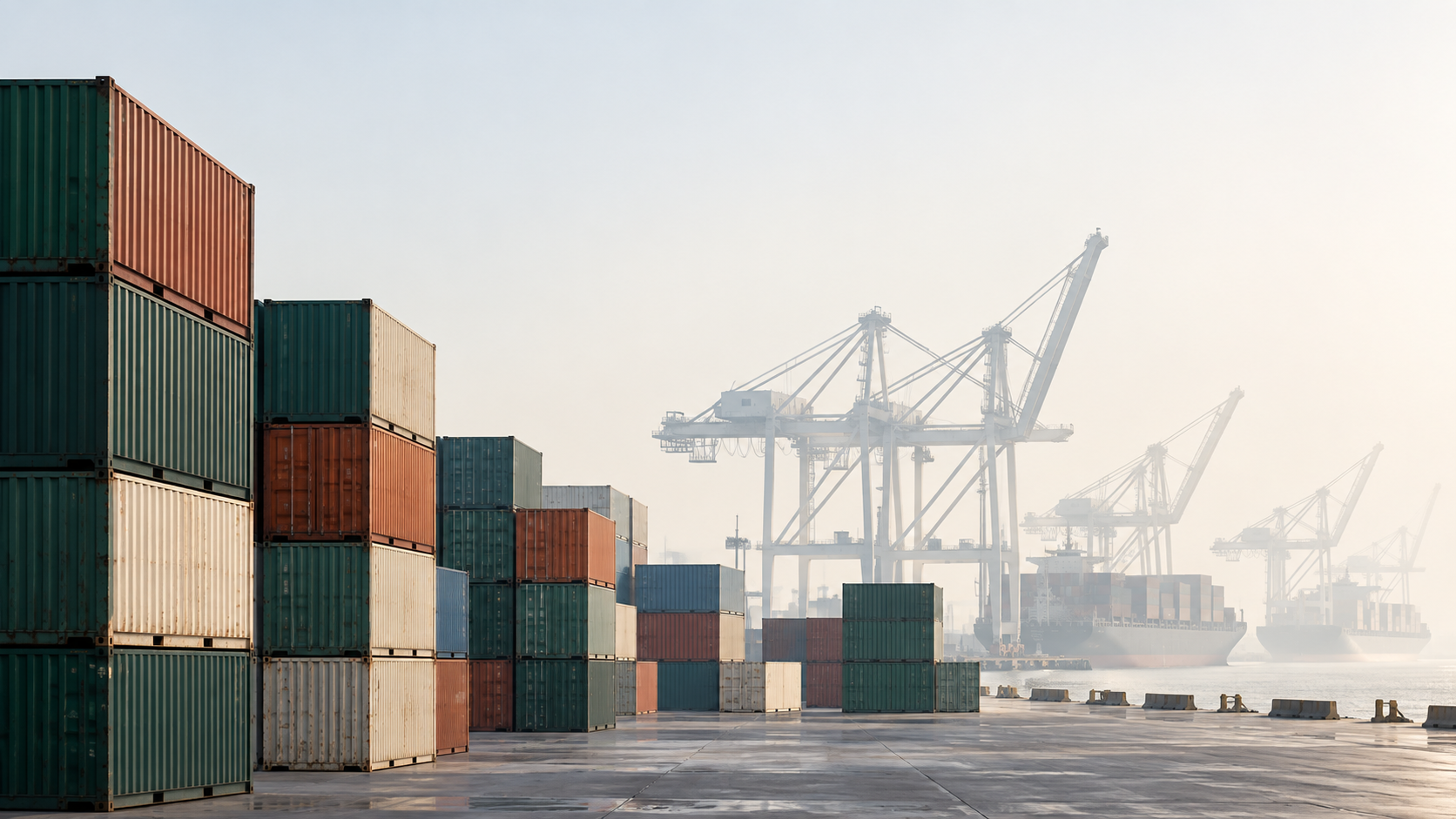 Foggy pale port with ivory cranes silhouetted behind muted forest-green and cream container stacks, generous atmospheric white sky, serene industrial minimalism.