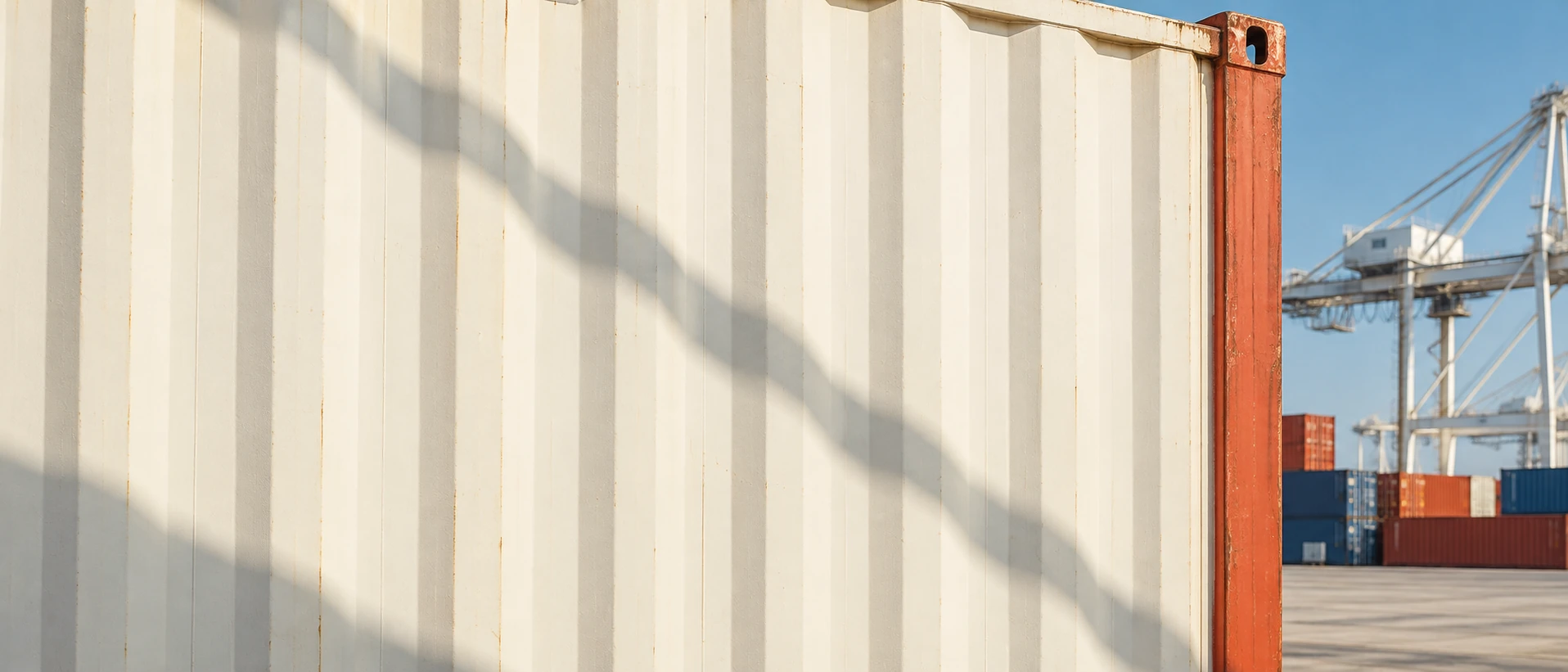 Minimal close crop of a clean ivory container wall with thin diagonal crane shadows and small vermilion steel corner on far right, calm low-detail background.