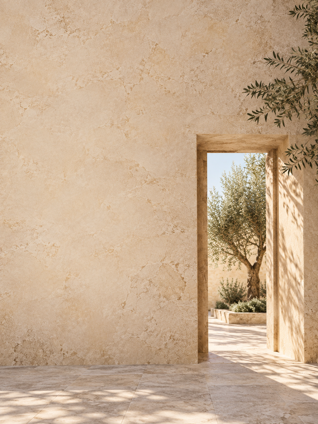Sunlight, clean architectural lines and restful shadows. Mobile hero or tall editorial panel.