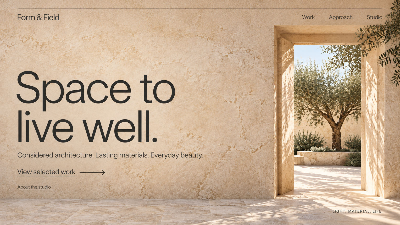 Form & Field · Architecture and interiors studio. Static website hero mockup using Quiet architecture imagery.