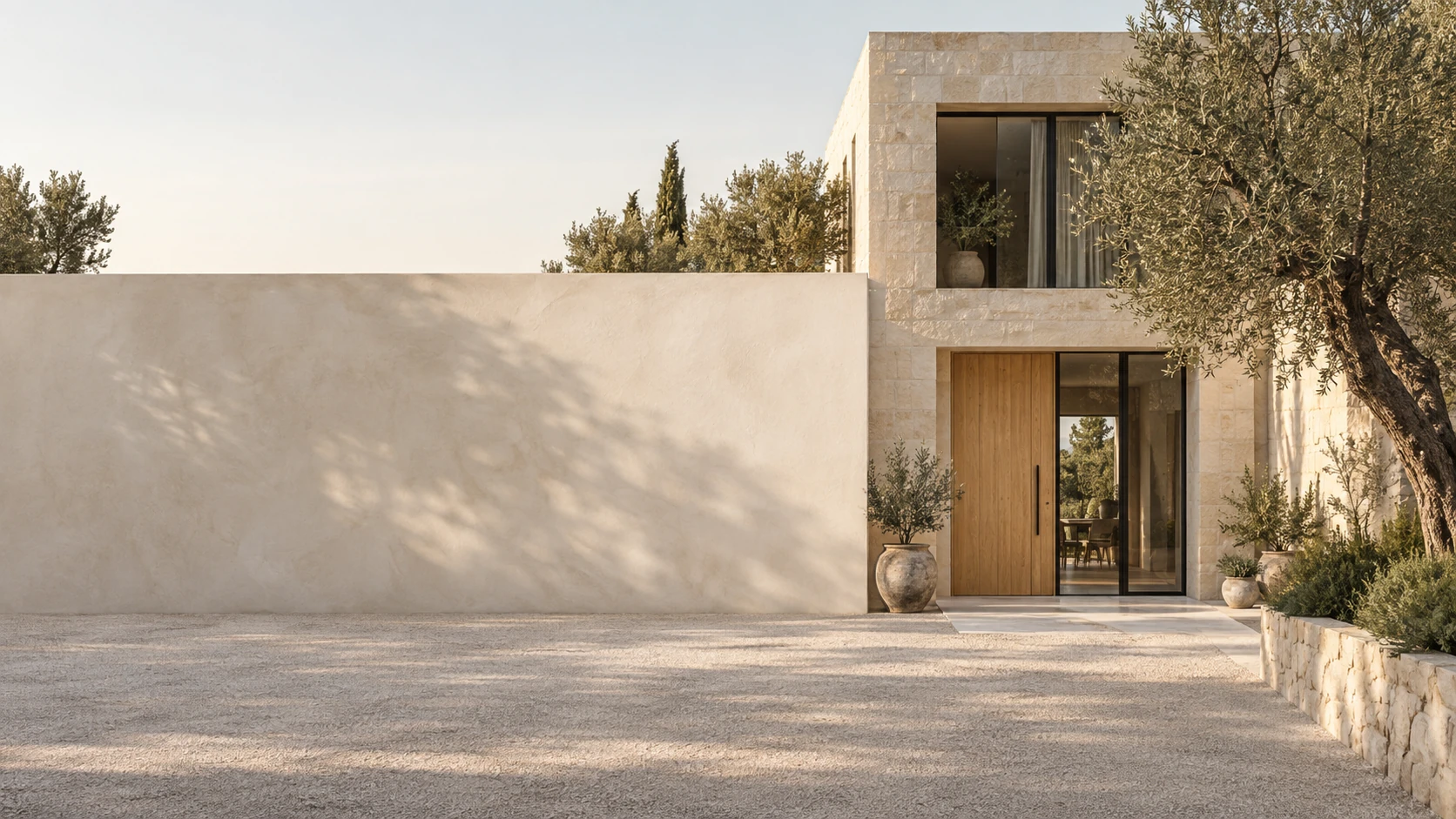 Modern two-storey limestone courtyard house on RIGHT, tall pale oak door and deep shaded glazing, a single olive tree near right edge, left 55 percent warm empty plaster wall and pale forecourt for copy.