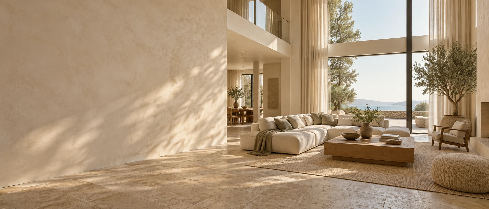 Airy double-height living room on right with cream sofa and oak table, sunlight through tall glazing, left half quiet warm plaster wall and stone floor for heading.