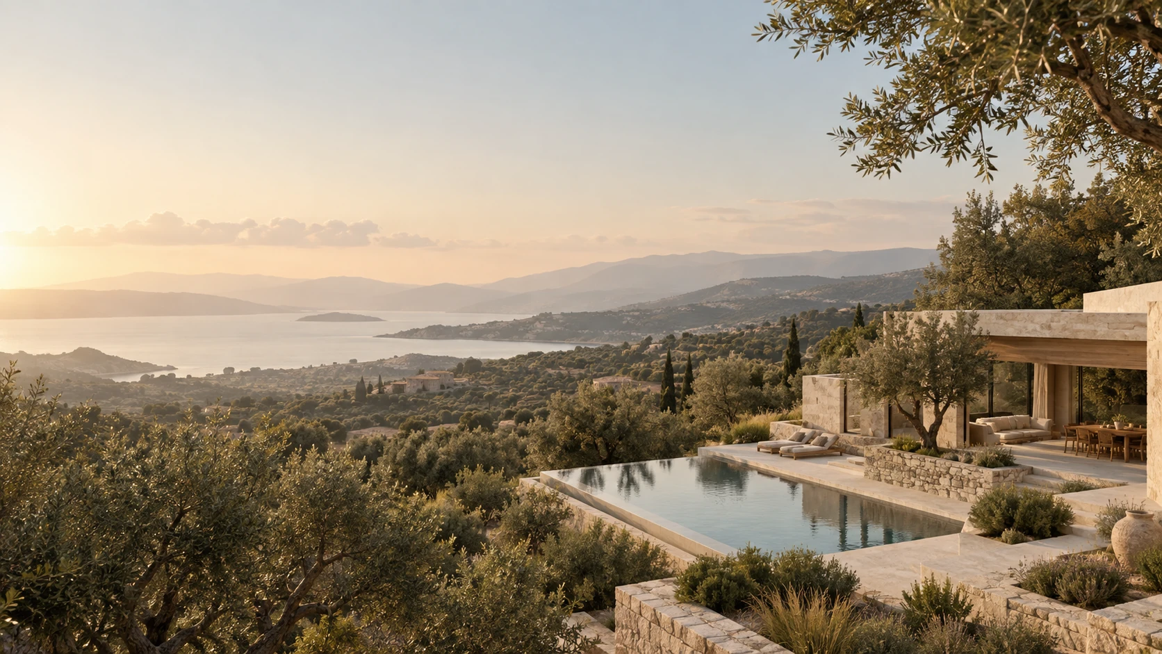 Wide elevated view of a private modern home integrated into olive groves, warm stone volumes and slim reflecting pool, architecture lower right, serene softly hazy landscape.
