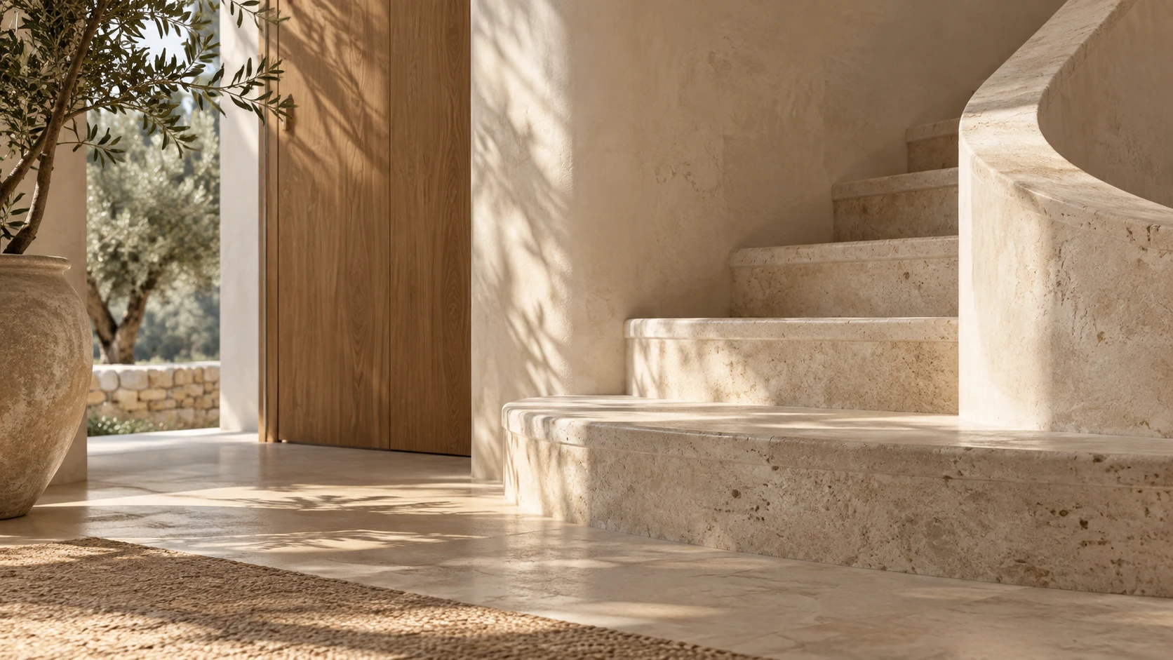 Close tactile detail of curved limestone stair edge and pale oak wall under a sunbeam, fine stone pores and hand-finished plaster, abstract architecture crop.