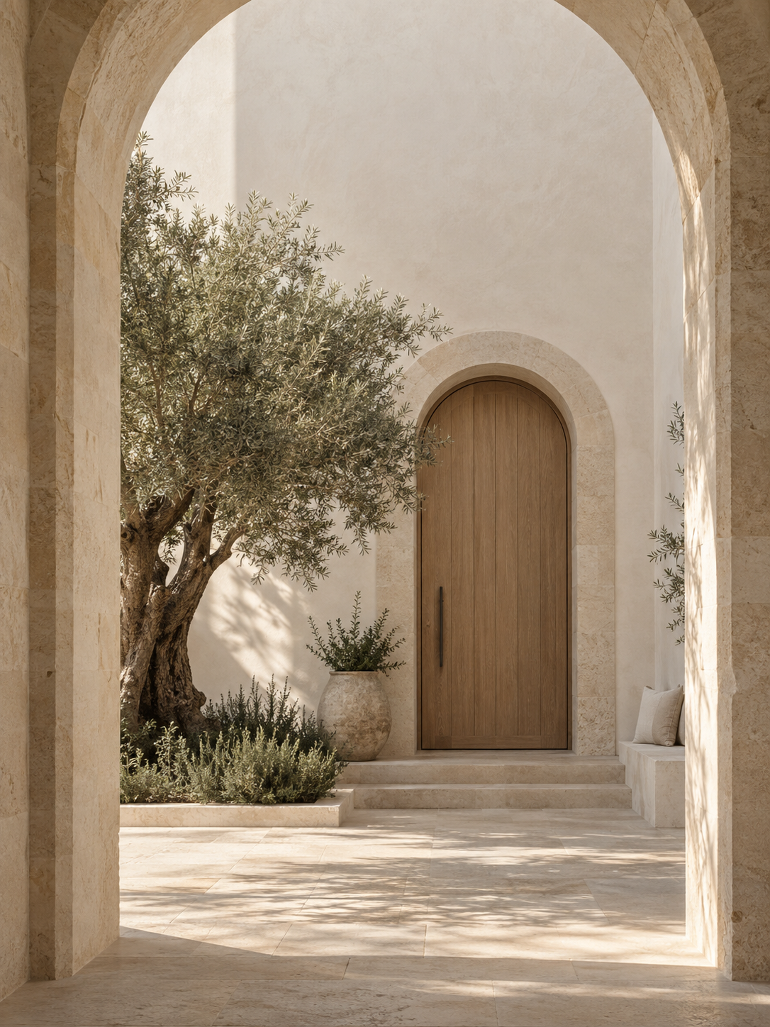 Tall arched limestone entry framing a small olive tree and pale oak door at bottom, generous luminous plaster above, calm vertical real-estate background.