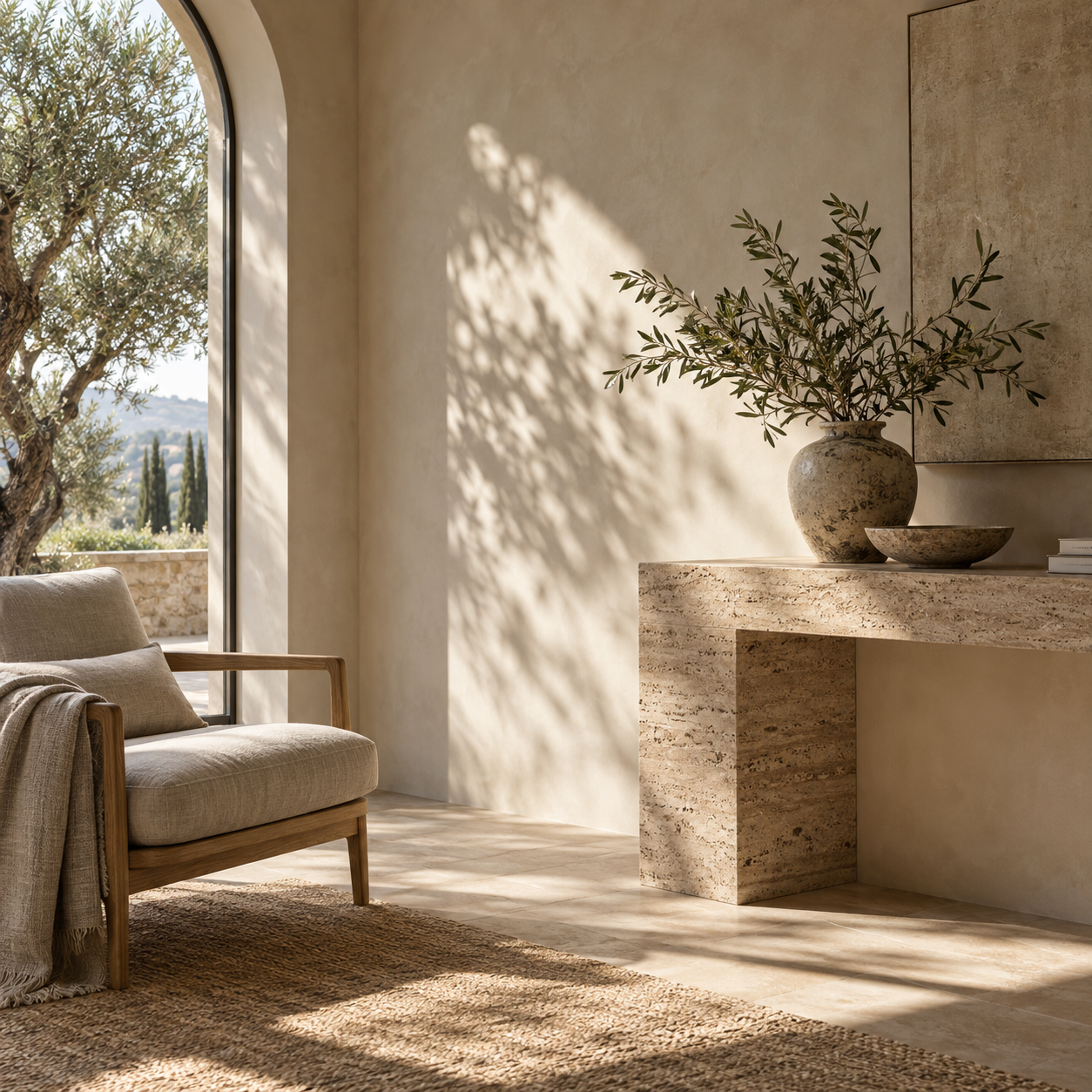 Intimate sunlit interior corner, travertine console, linen chair, olive branch shadow on chalk wall, restrained precise proportions.