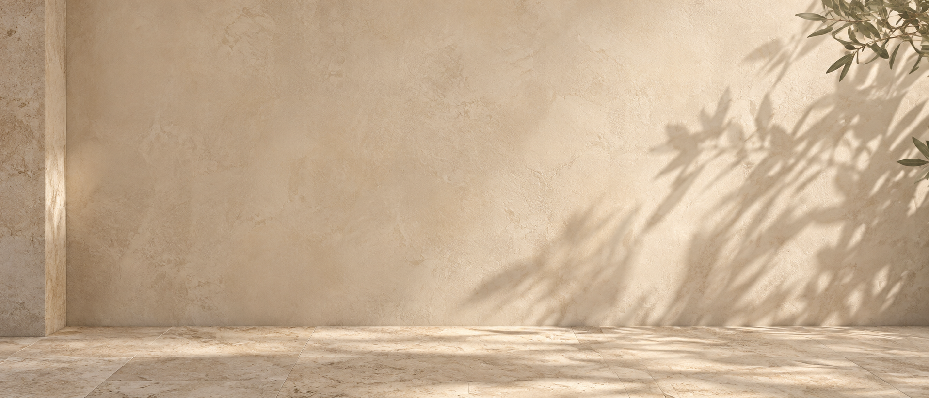 Low-detail close-up of warm plaster wall with large soft olive leaf shadows drifting across lower right, light stone floor along bottom edge, quiet text background.