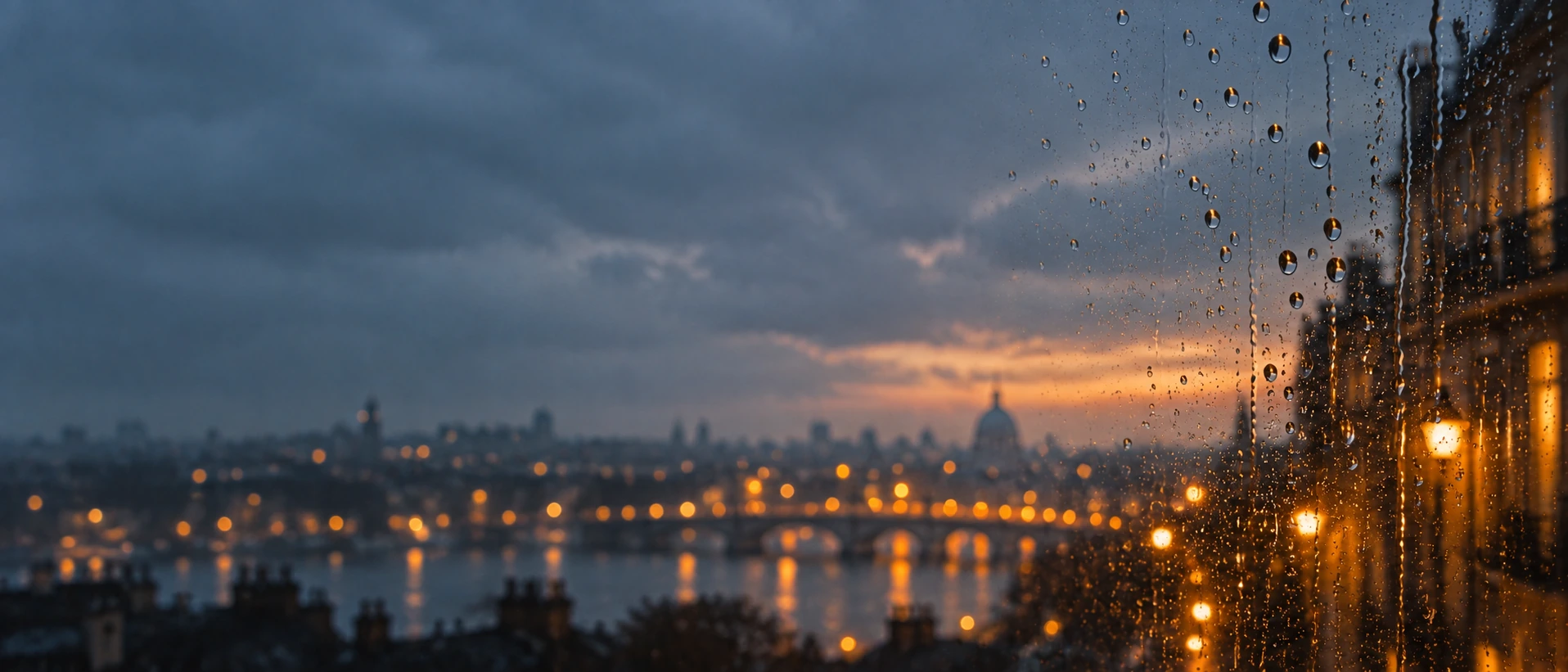 Rain-streaked glass and soft city light. Alternate hero with copy on left.