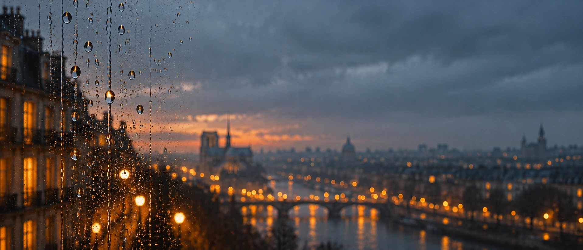 Rain-streaked glass and soft city light. Alternate hero with copy on right.