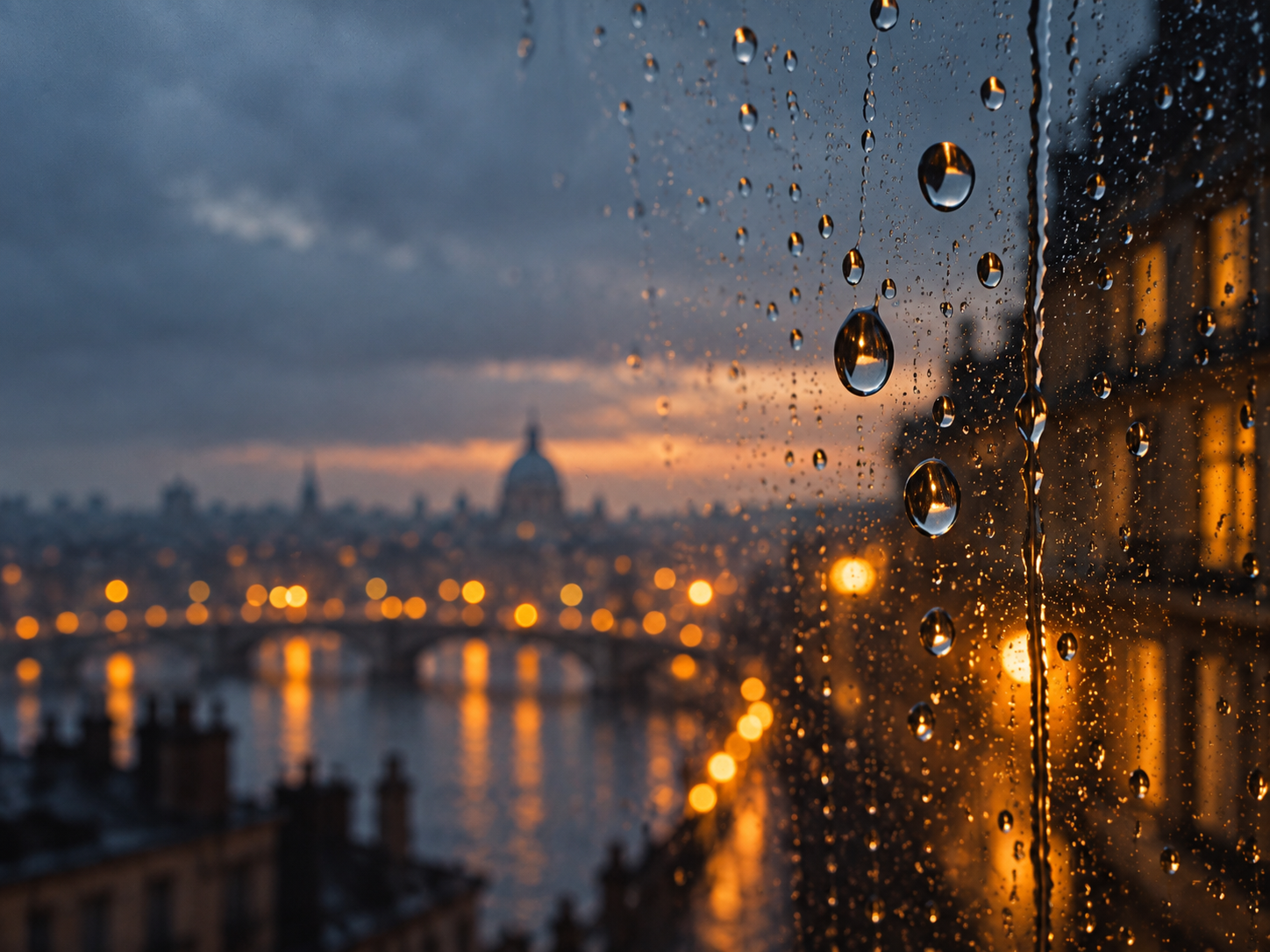 Rain-streaked glass and soft city light. Close detail for feature section.
