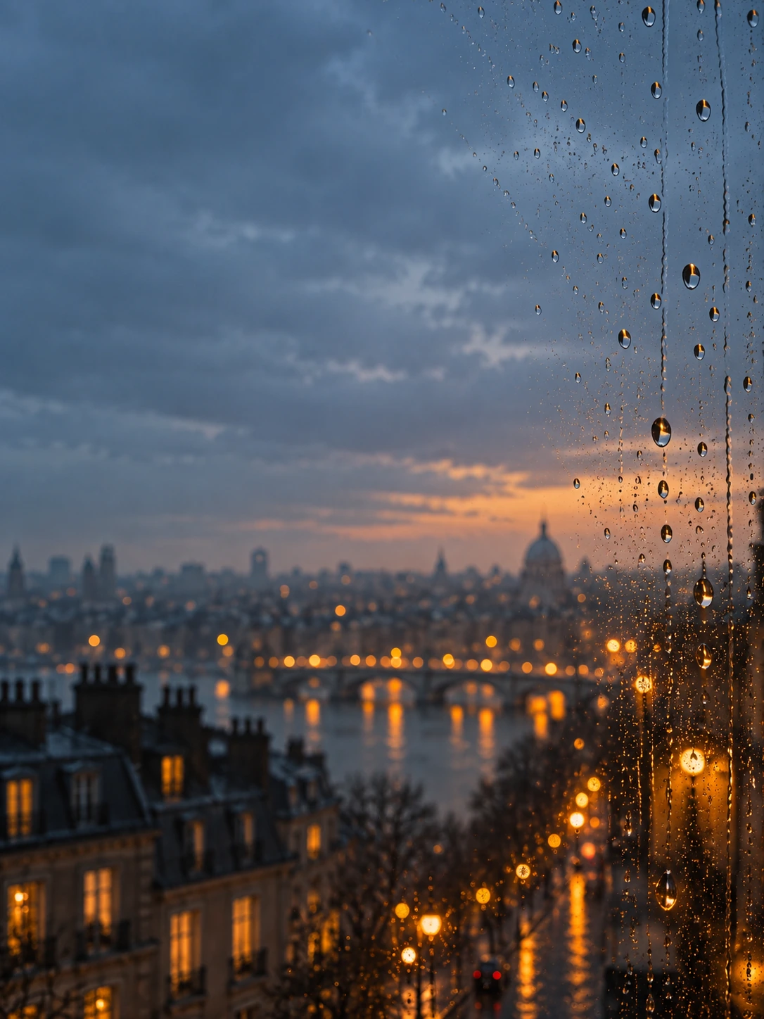 Rain-streaked glass and soft city light. Mobile hero background.