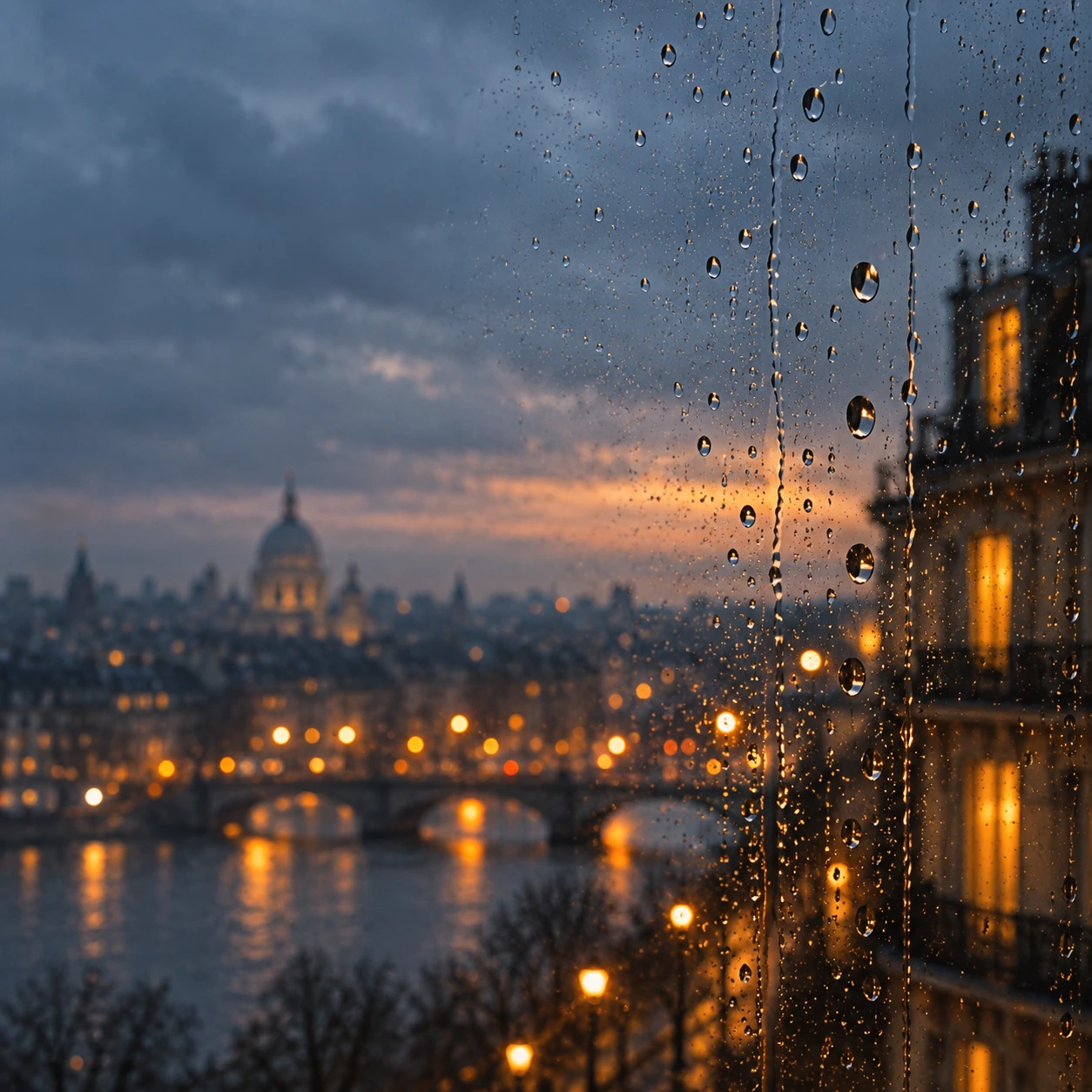 Rain-streaked glass and soft city light. Square editorial or social card.