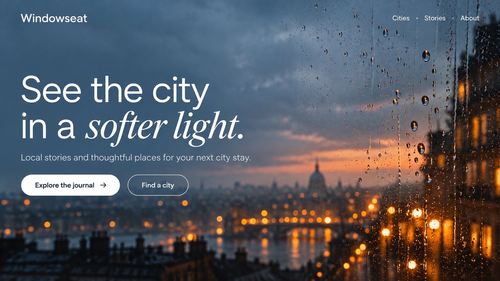 Windowseat · Slow city travel journal. Static website hero mockup using Rainwashed city imagery.