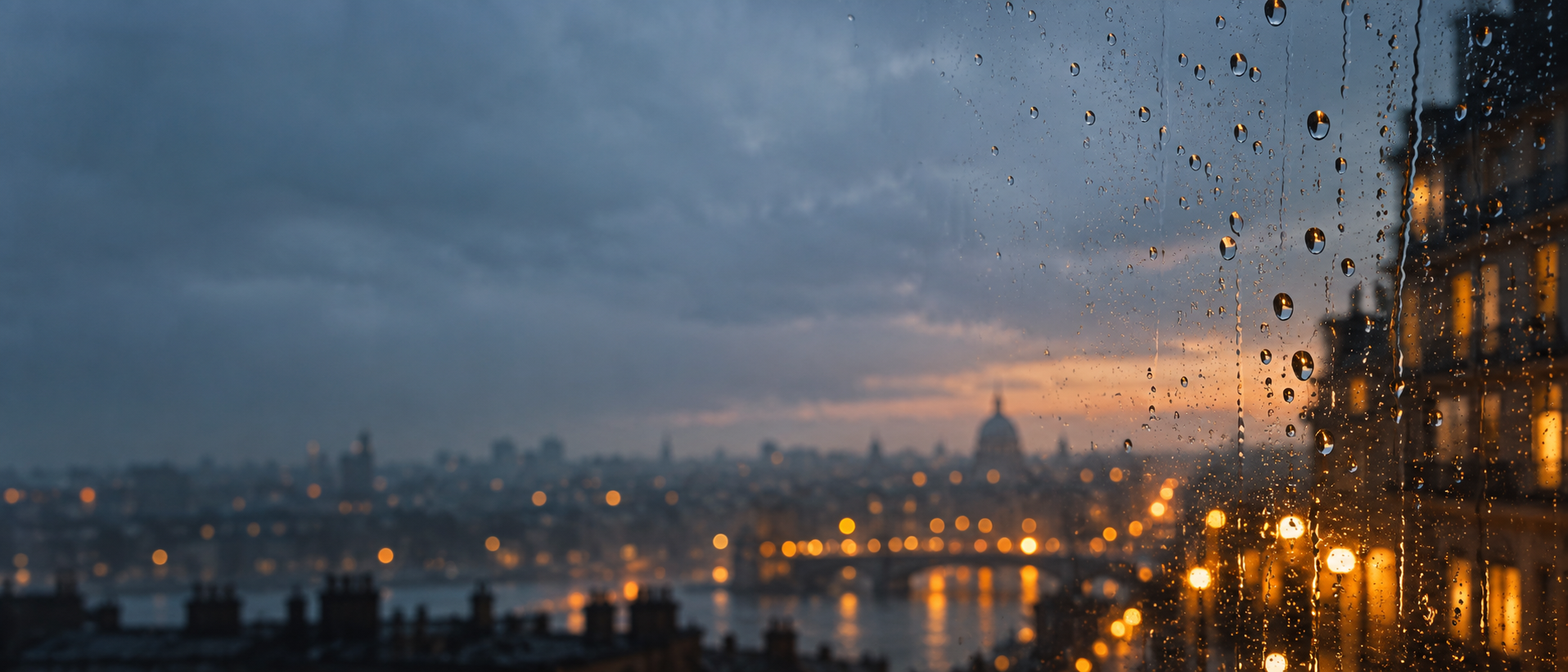 Rain-streaked glass and soft city light. Main background.