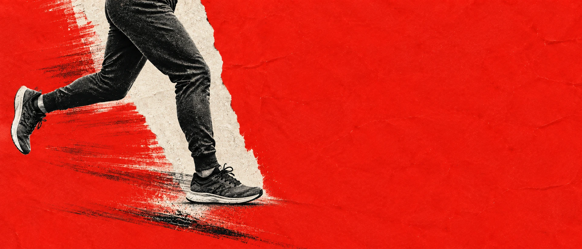A monochrome runner cut into vivid red editorial paper. Alternate hero with copy on right.