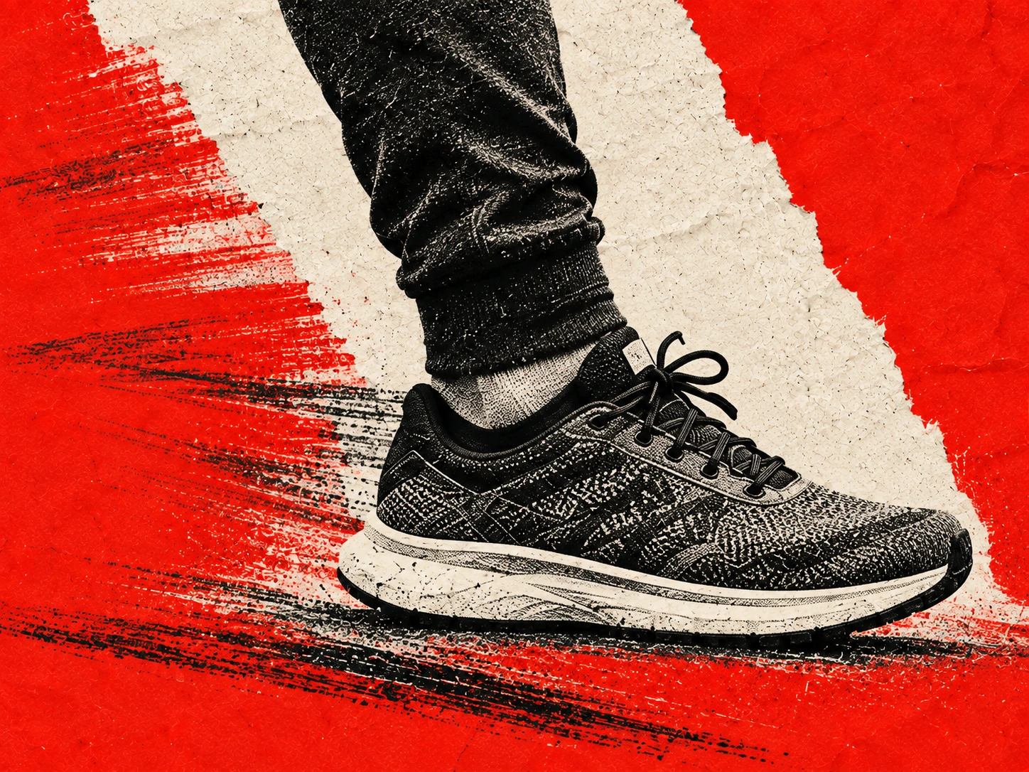 A monochrome runner cut into vivid red editorial paper. Material or feature detail.