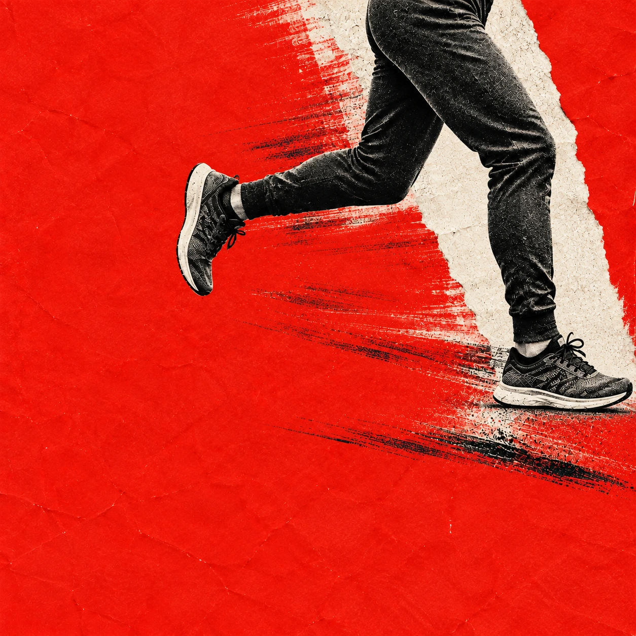 A monochrome runner cut into vivid red editorial paper. Square social or content card.
