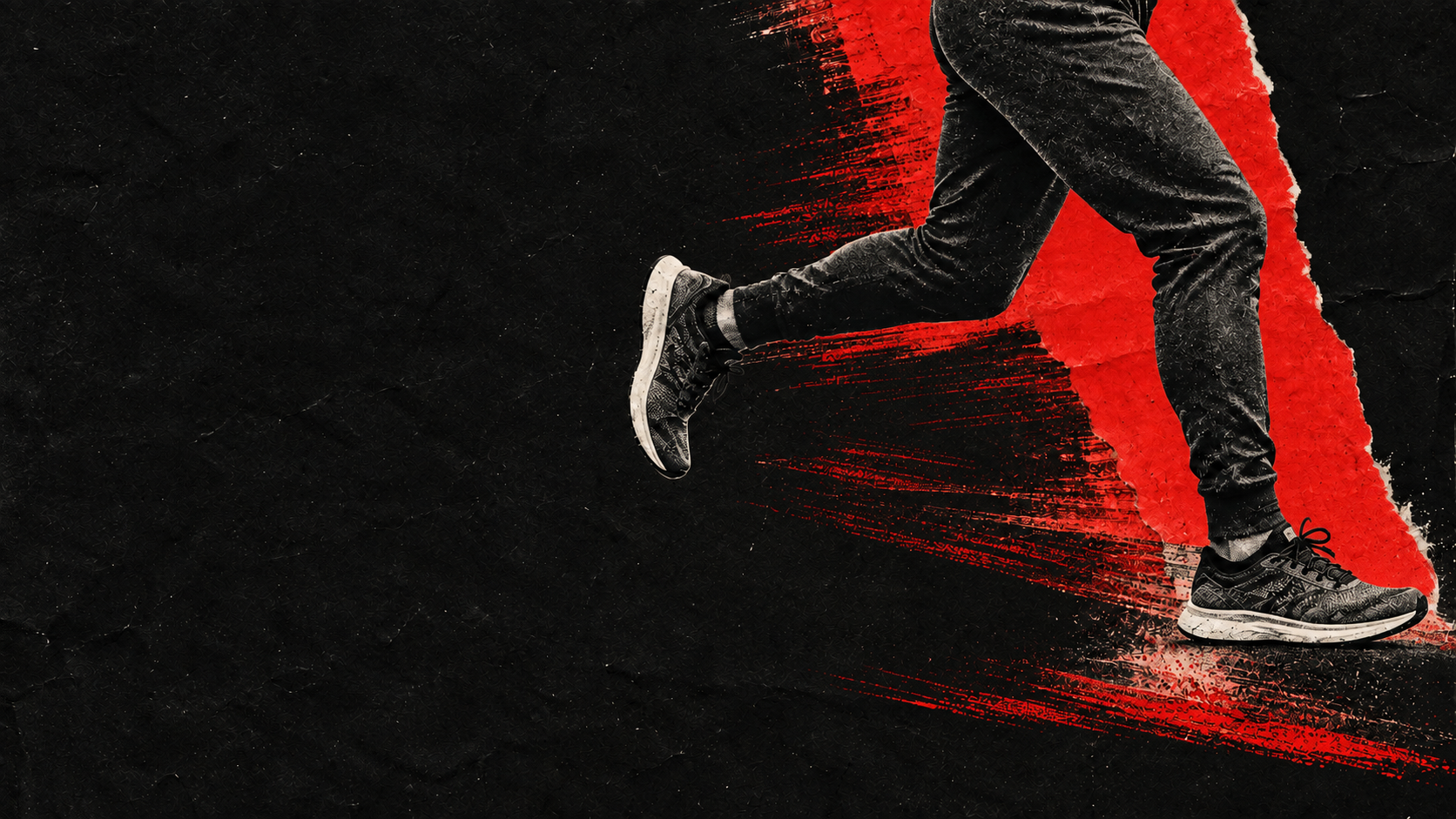 A monochrome runner cut into vivid red editorial paper. Dark section or evening mood.