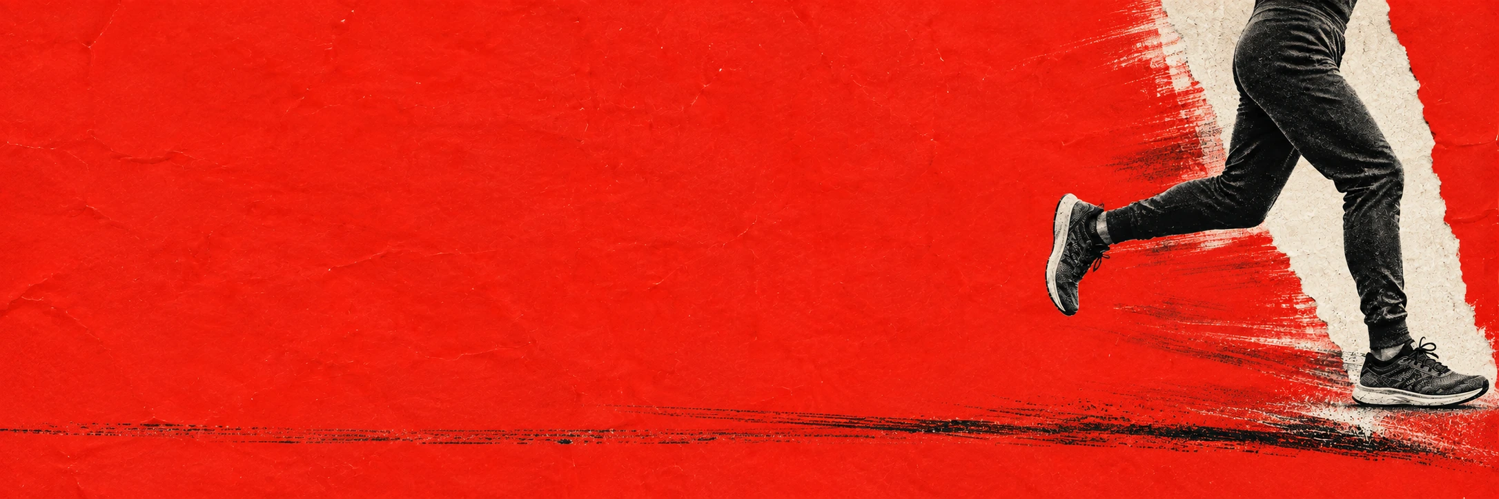 A monochrome runner cut into vivid red editorial paper. Wide quiet section divider.
