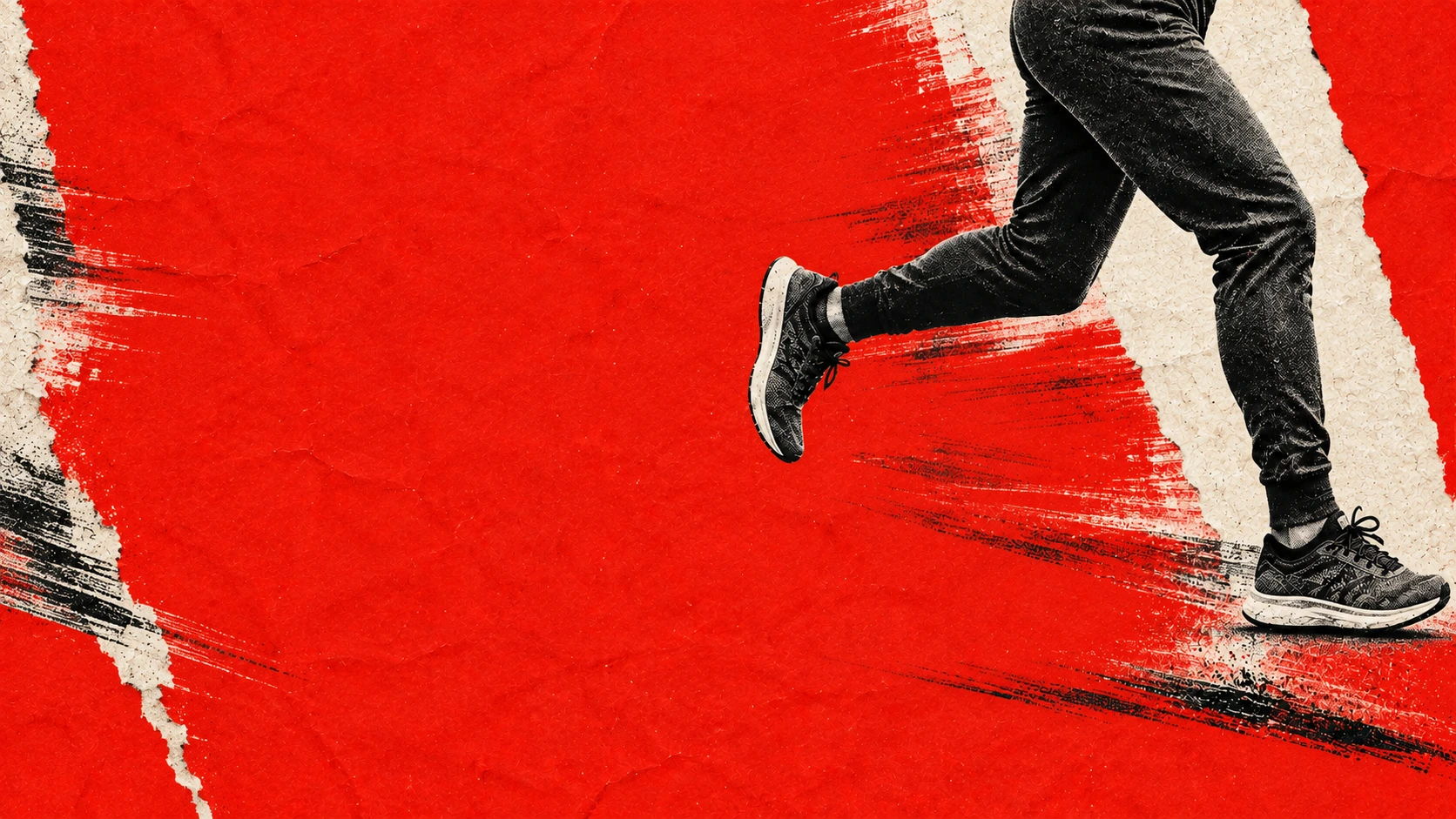 A monochrome runner cut into vivid red editorial paper. Closing CTA background.