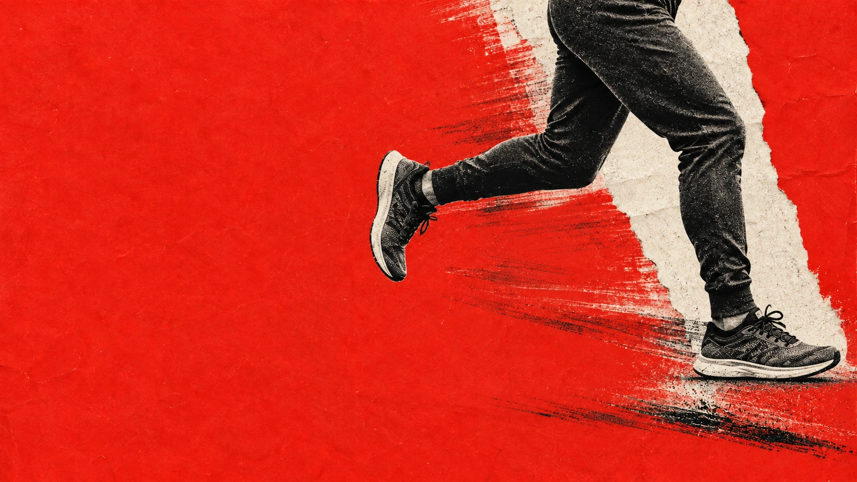A monochrome runner cut into vivid red editorial paper. Main background.