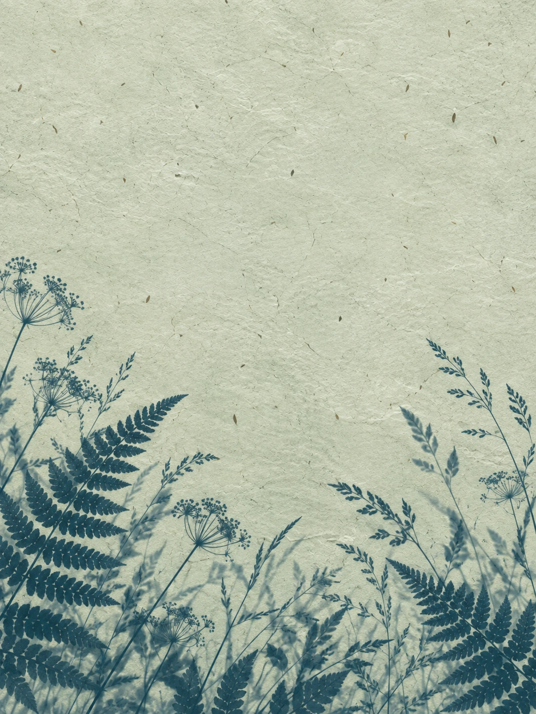 Botanical silhouettes in a restrained sage cyanotype treatment. Mobile hero background.