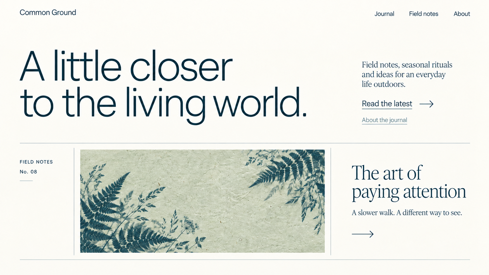Common Ground · Botanical editorial journal. Static website hero mockup using Sage cyanotype imagery.