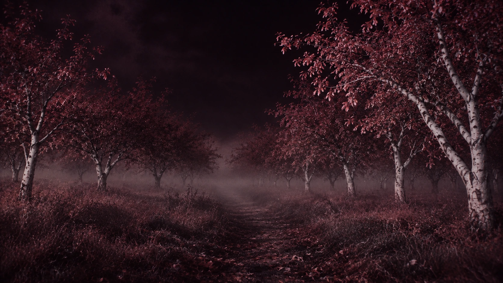 An eerie infrared orchard, wine-red foliage and pale trees. About or editorial section image.