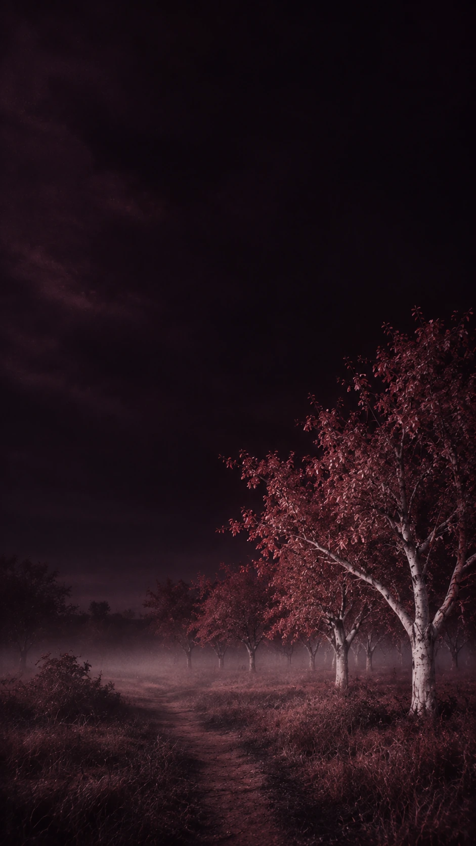 An eerie infrared orchard, wine-red foliage and pale trees. Mobile hero.