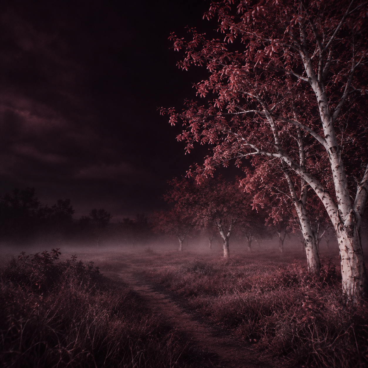 An eerie infrared orchard, wine-red foliage and pale trees. Square social or content card.
