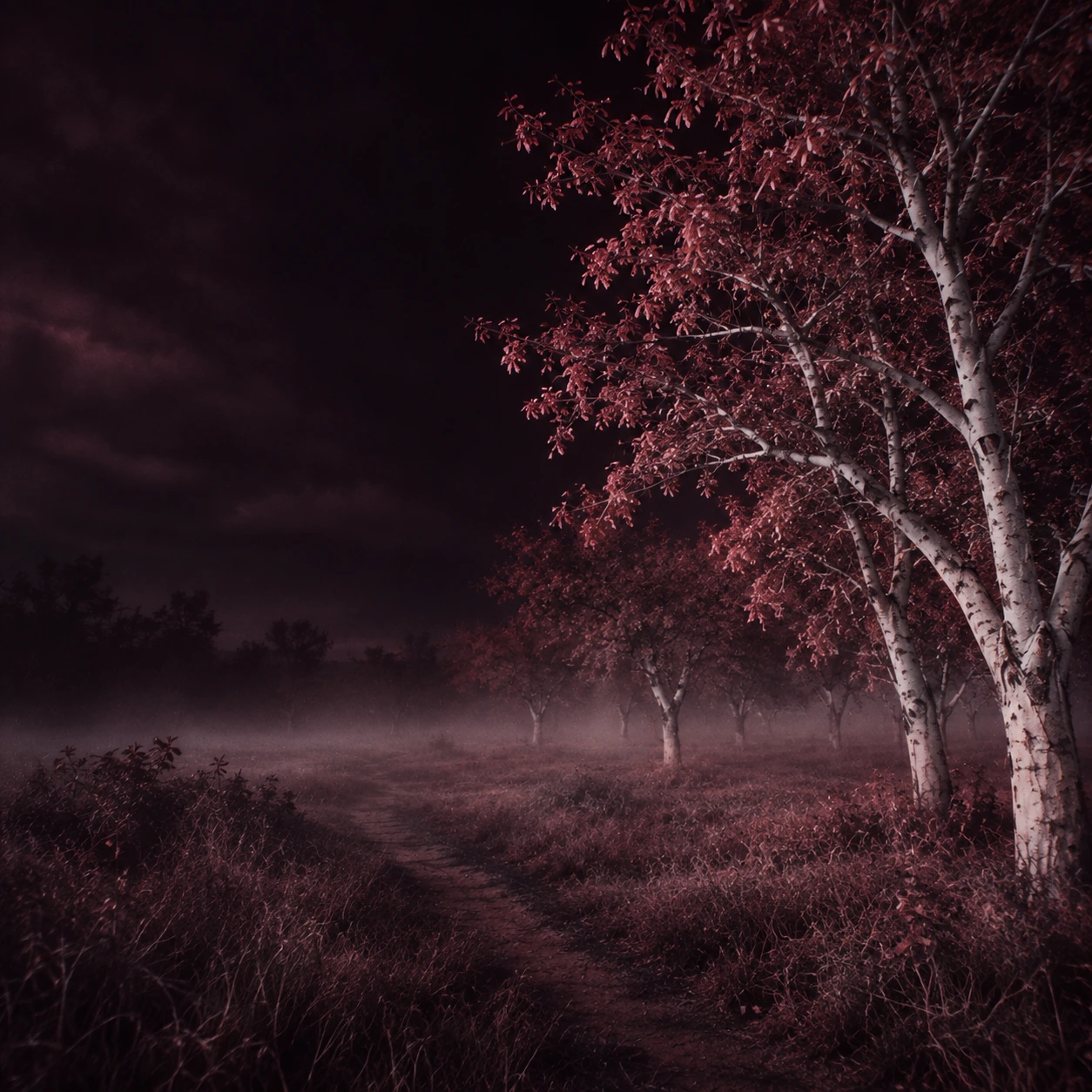 An eerie infrared orchard, wine-red foliage and pale trees. Square social or content card.