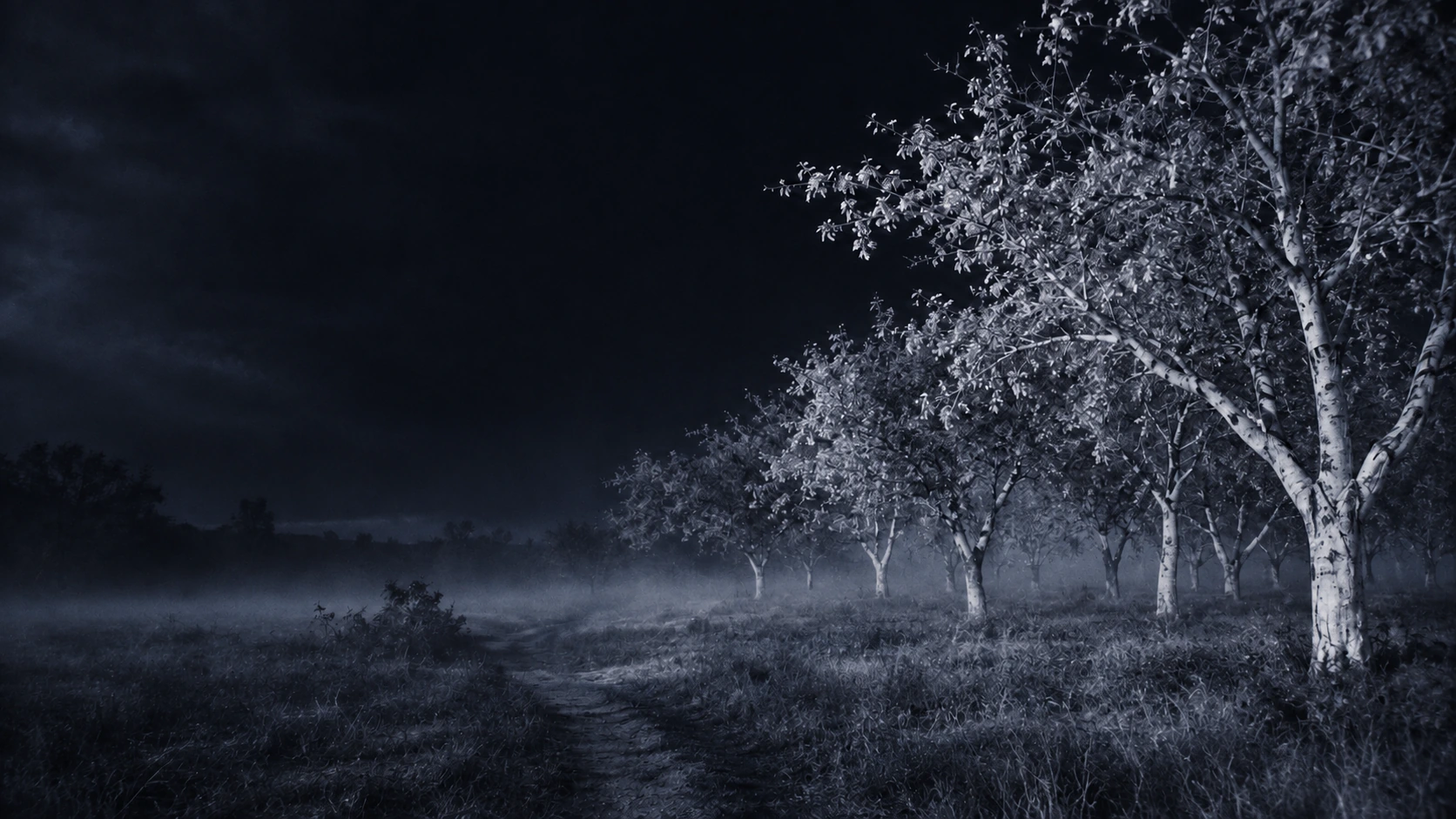 An eerie infrared orchard, wine-red foliage and pale trees. Alternate palette section.