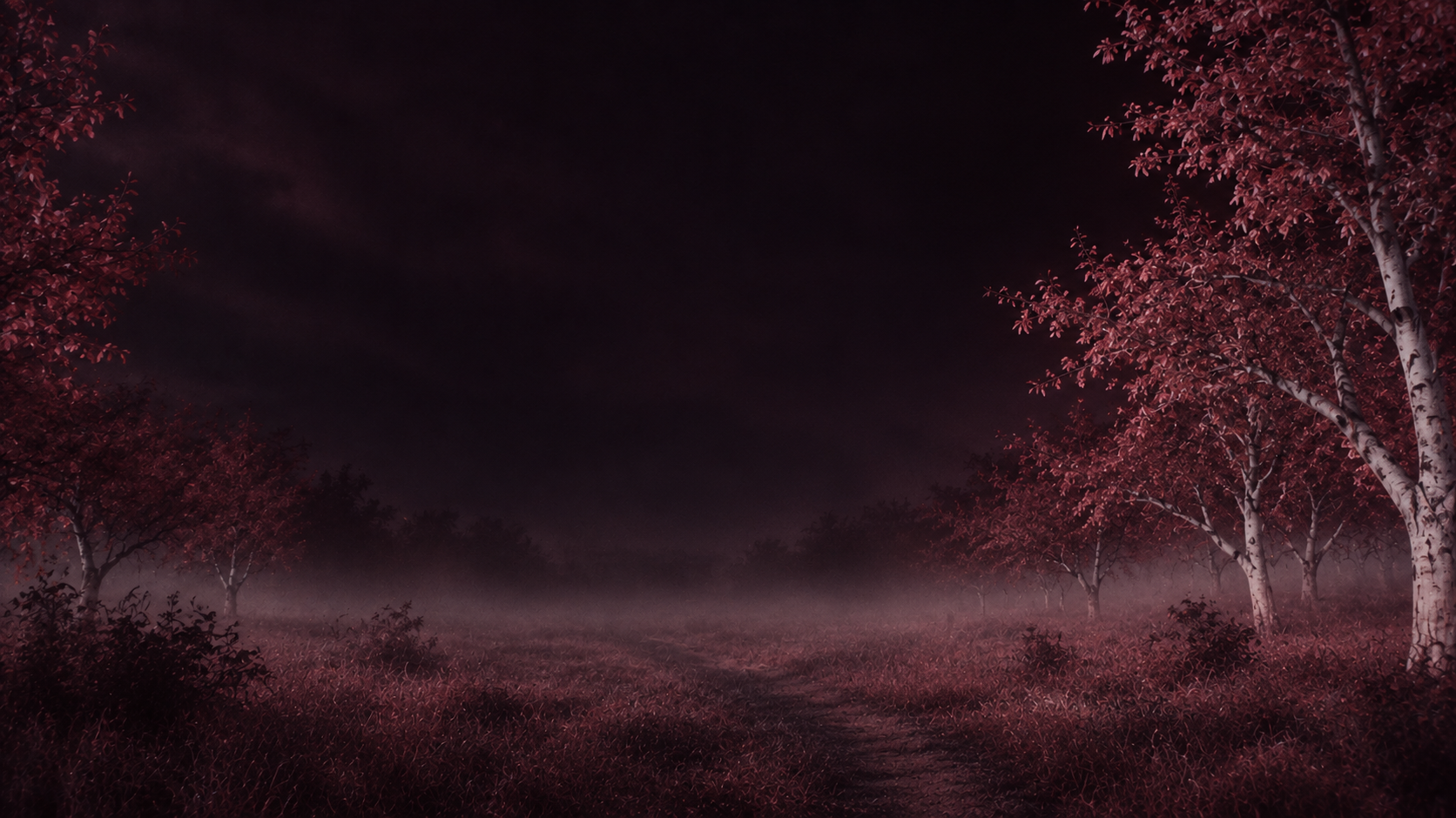 An eerie infrared orchard, wine-red foliage and pale trees. Closing CTA background.