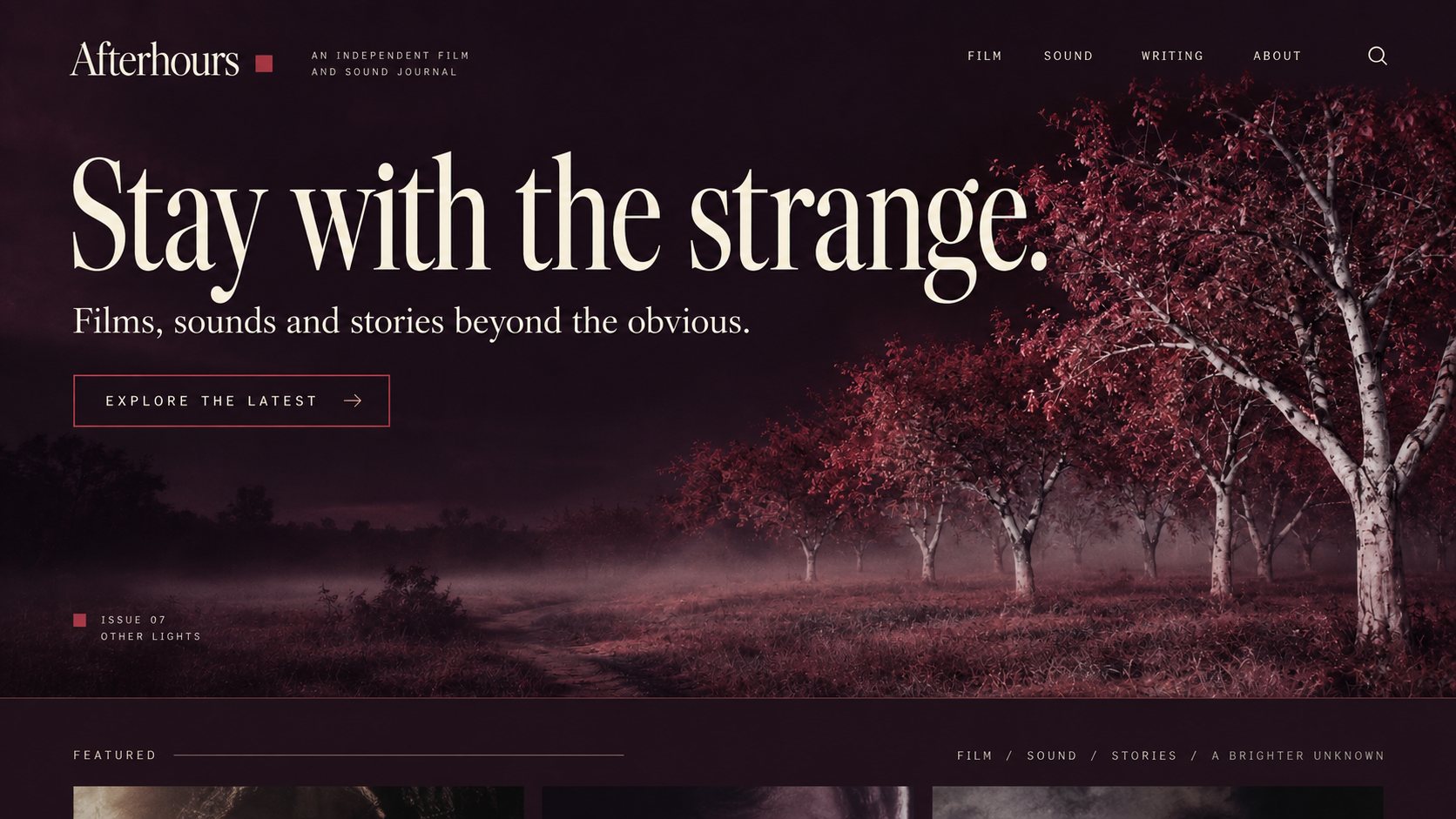 Afterhours · Independent film and sound journal. Static website hero mockup using Silent orchard imagery.
