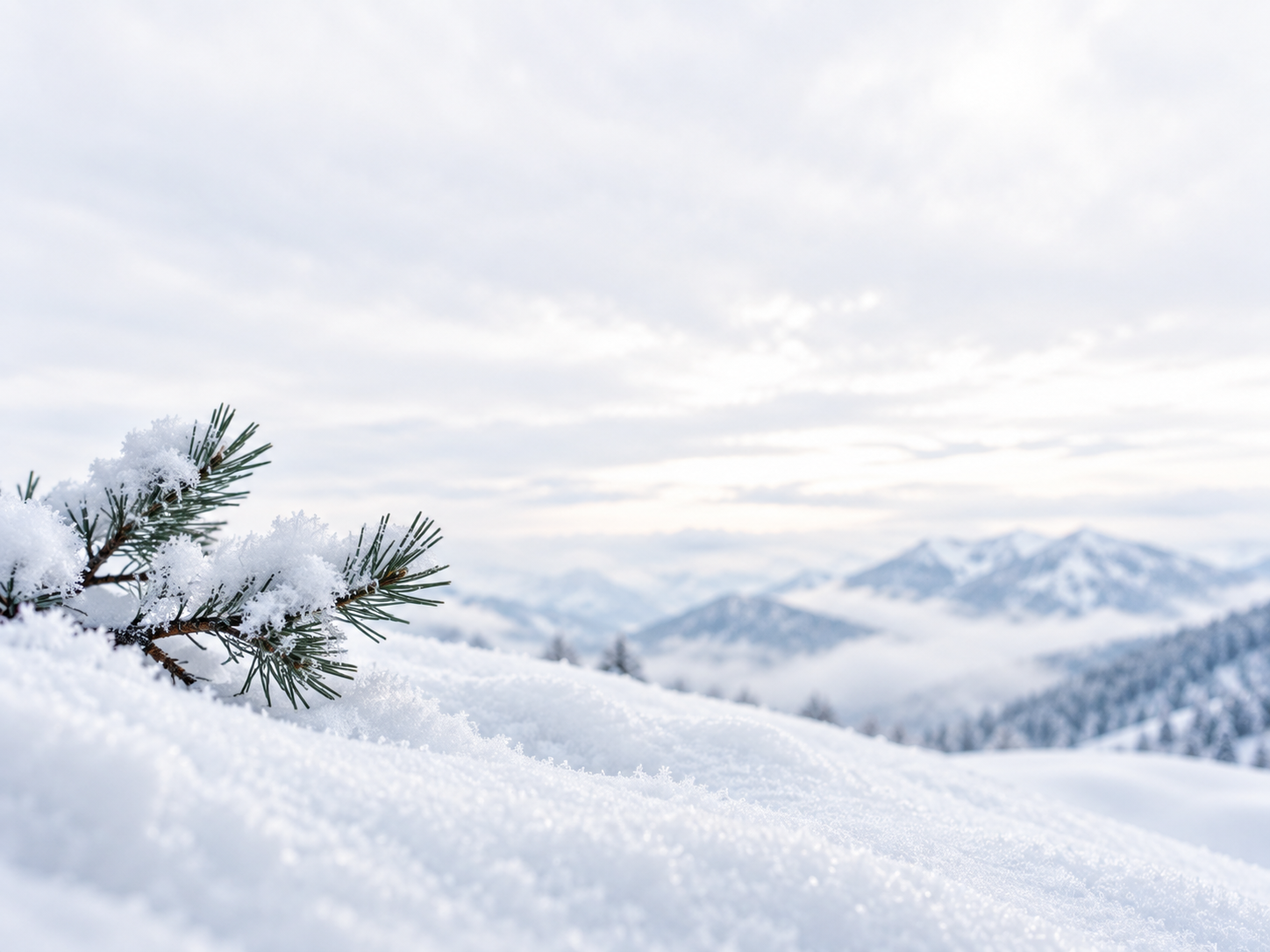 Quiet pines framed by pale winter light and snow. Close detail for feature section.
