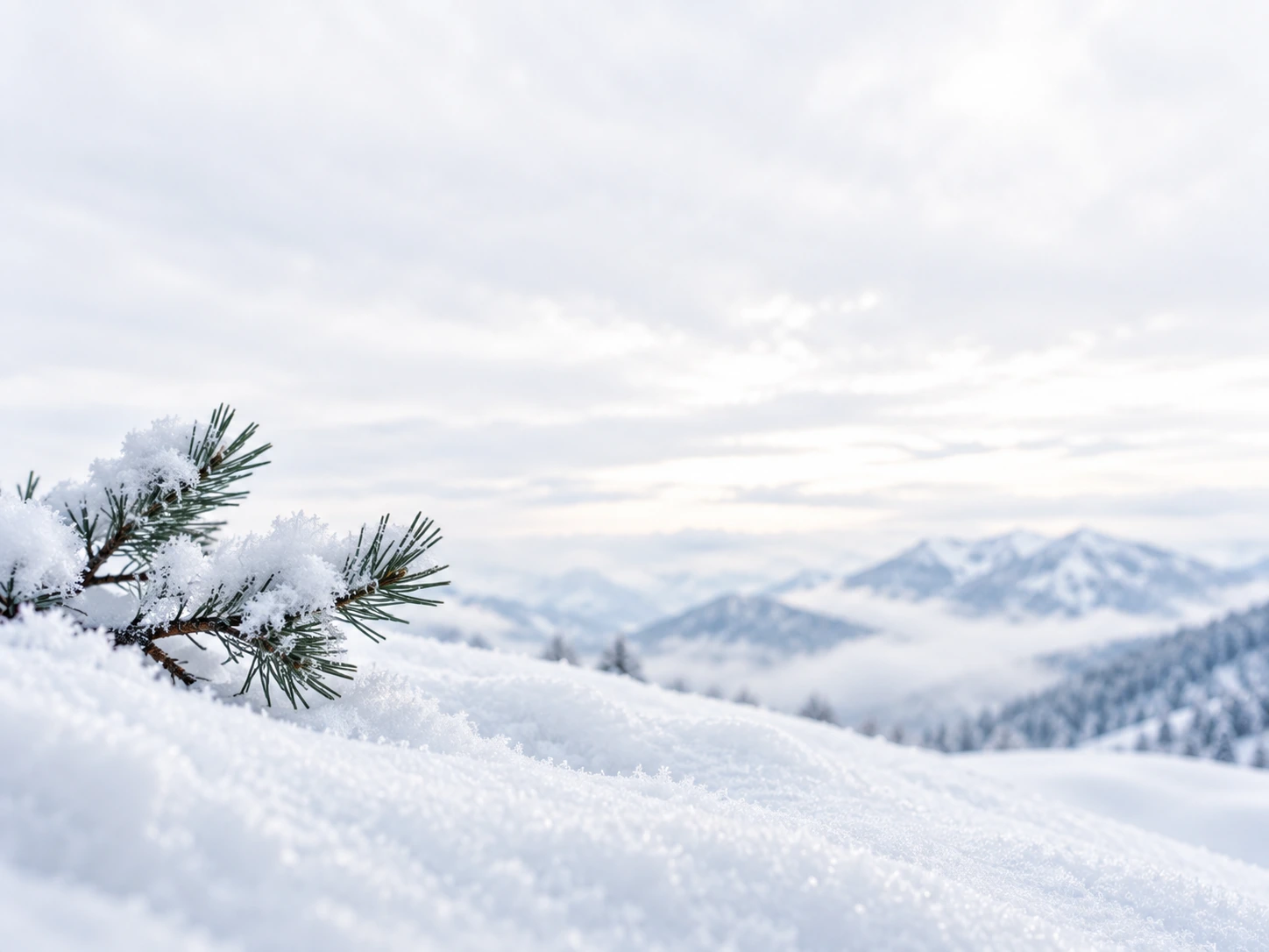 Quiet pines framed by pale winter light and snow. Close detail for feature section.