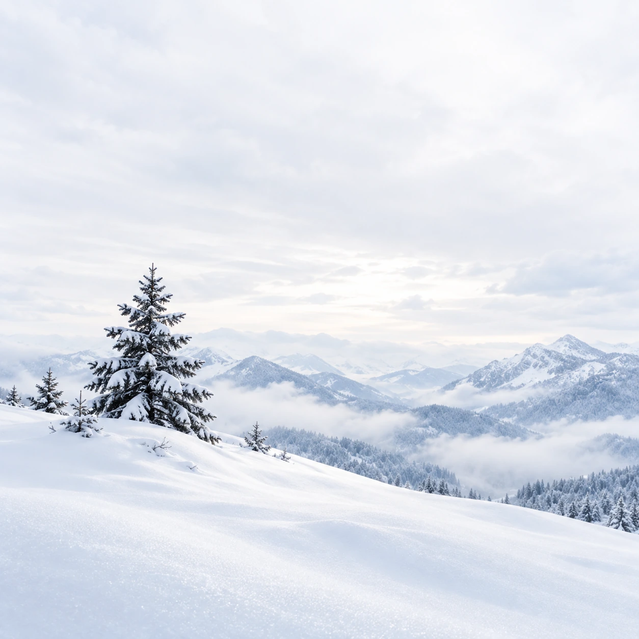 Quiet pines framed by pale winter light and snow. Square editorial or social card.