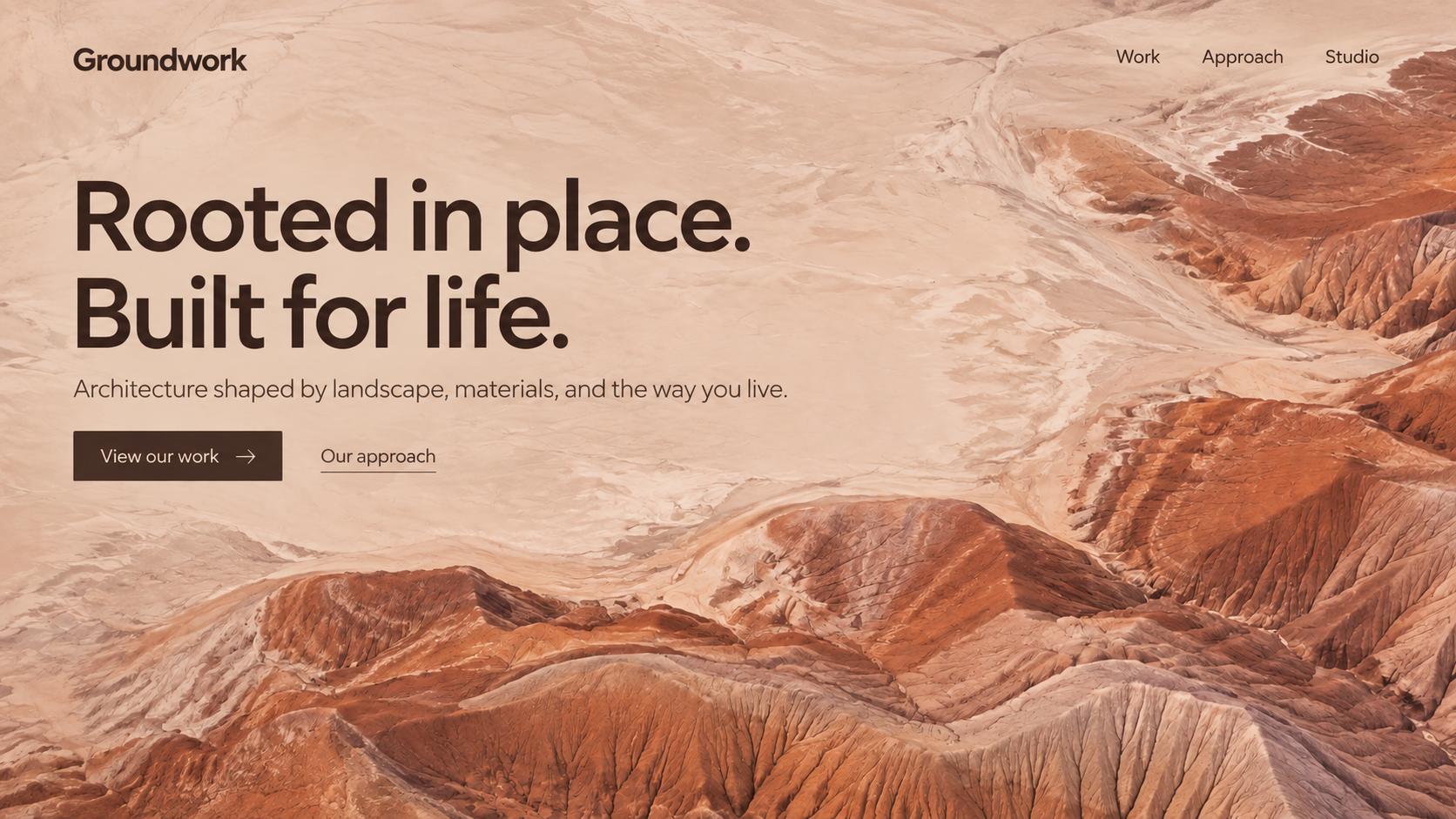 Groundwork · Sustainable architecture studio. Static website hero mockup using Terracotta desert imagery.