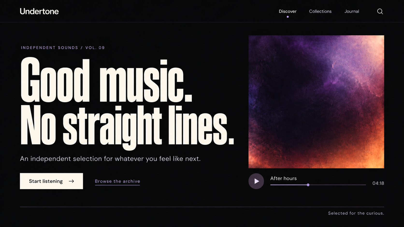 Undertone · Independent music discovery. Static website hero mockup using Violet analog haze imagery.
