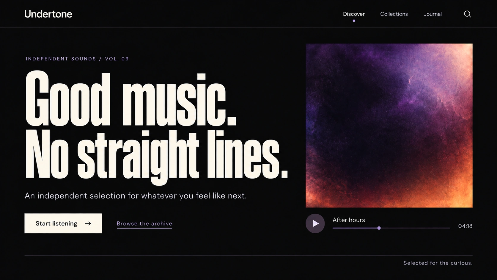 Undertone · Independent music discovery. Static website hero mockup using Violet analog haze imagery.