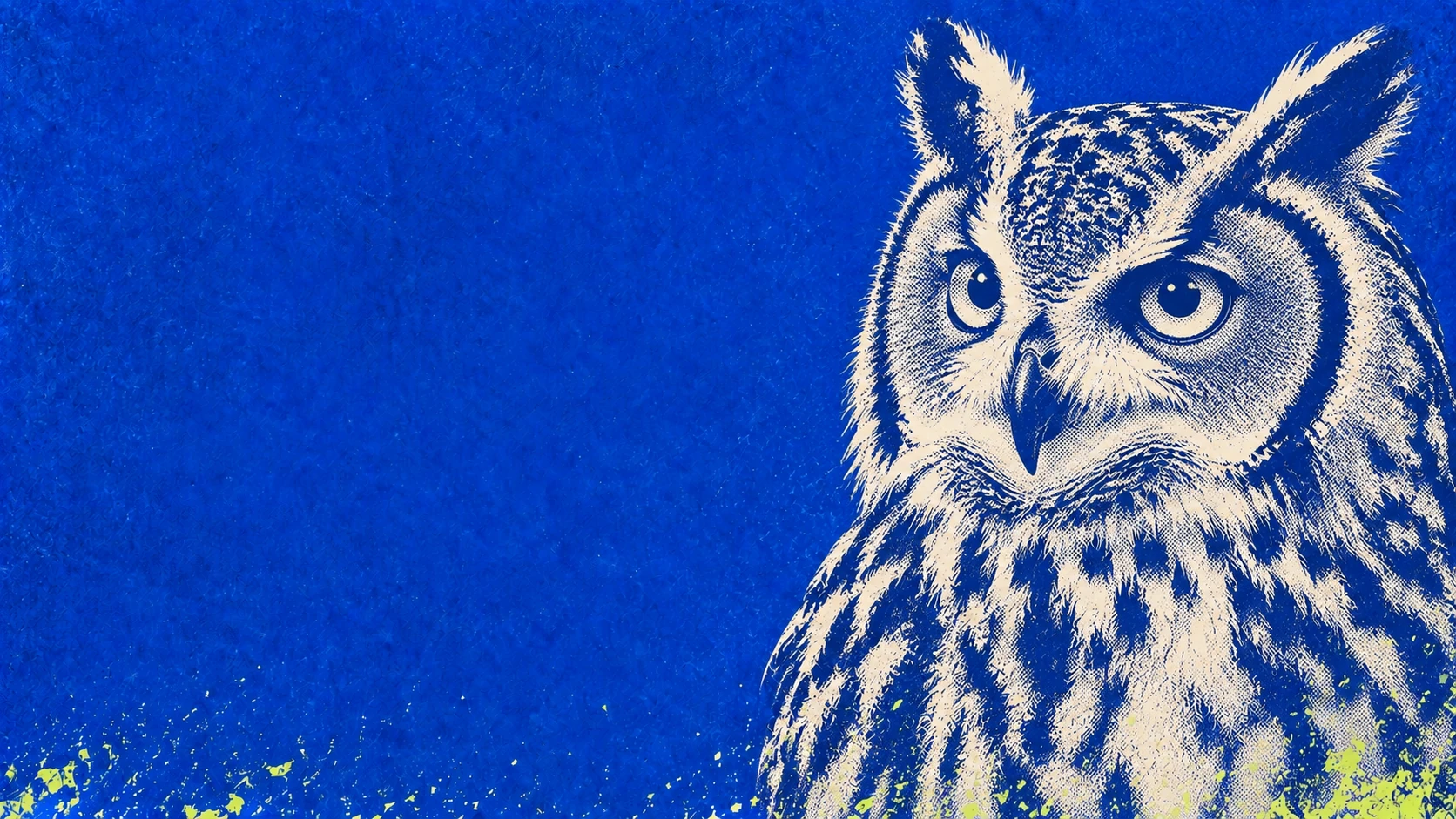 Ivory owl with navy halftone feathers on cobalt blue paper, with open space on the left.