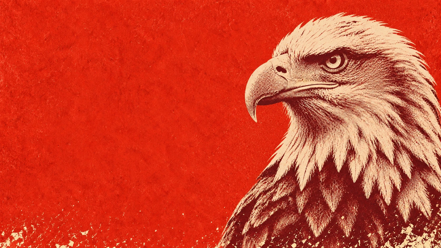 Cream eagle in left-facing profile with oxblood halftone feathers on vermilion paper and open space on the left.