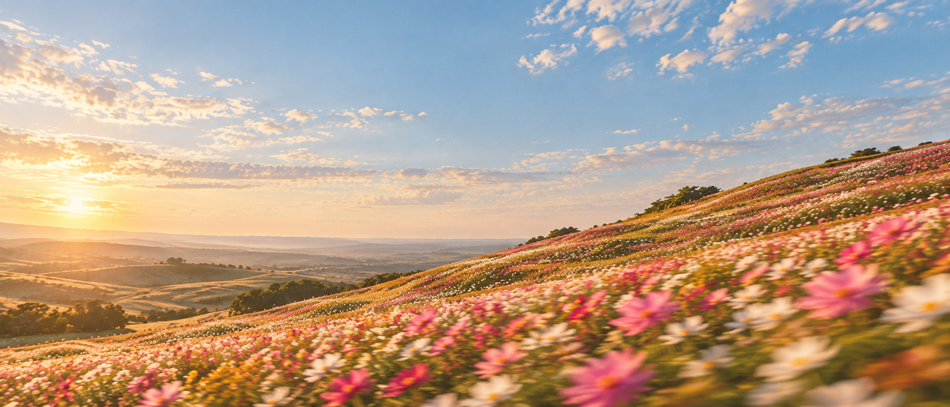 A meadow of wildflowers caught in a summer breeze. Alternate hero with copy on left.
