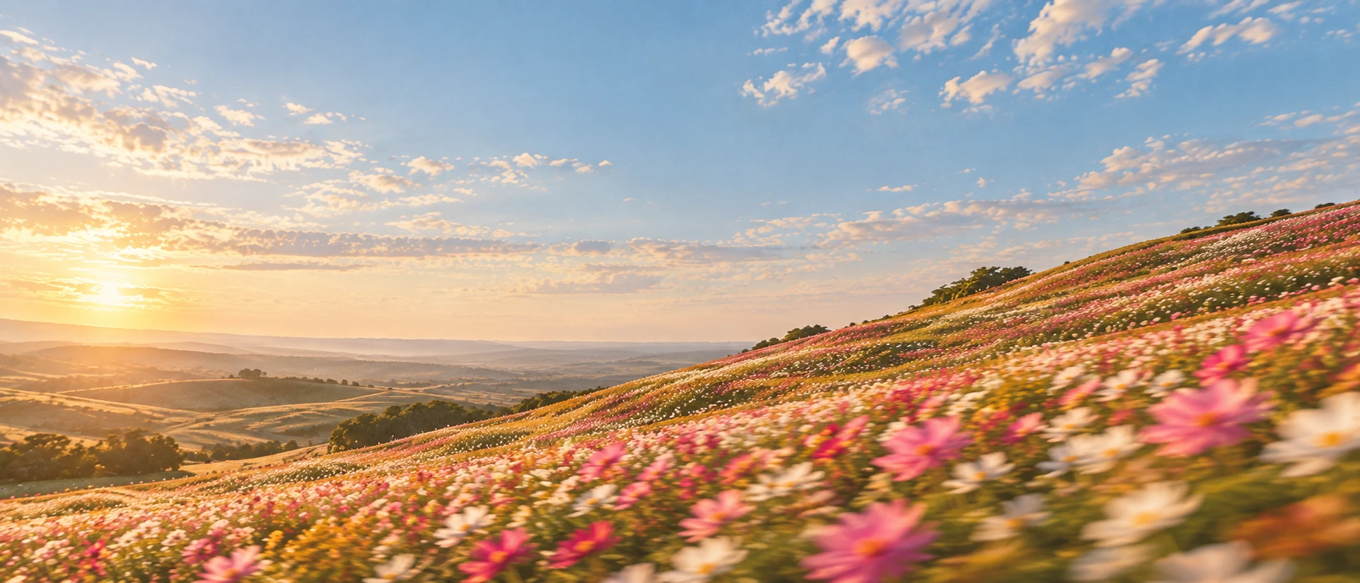 A meadow of wildflowers caught in a summer breeze. Alternate hero with copy on left.