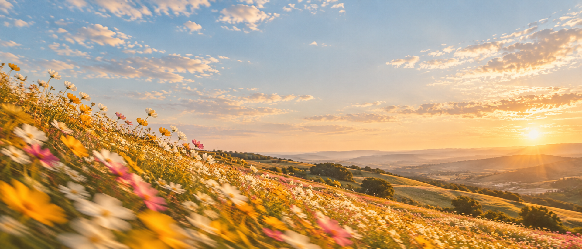 A meadow of wildflowers caught in a summer breeze. Alternate hero with copy on right.