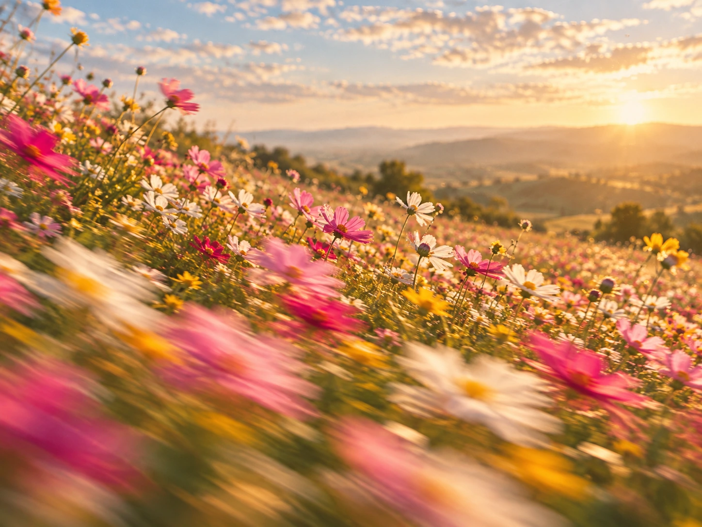 A meadow of wildflowers caught in a summer breeze. Detail image beside feature or story text.