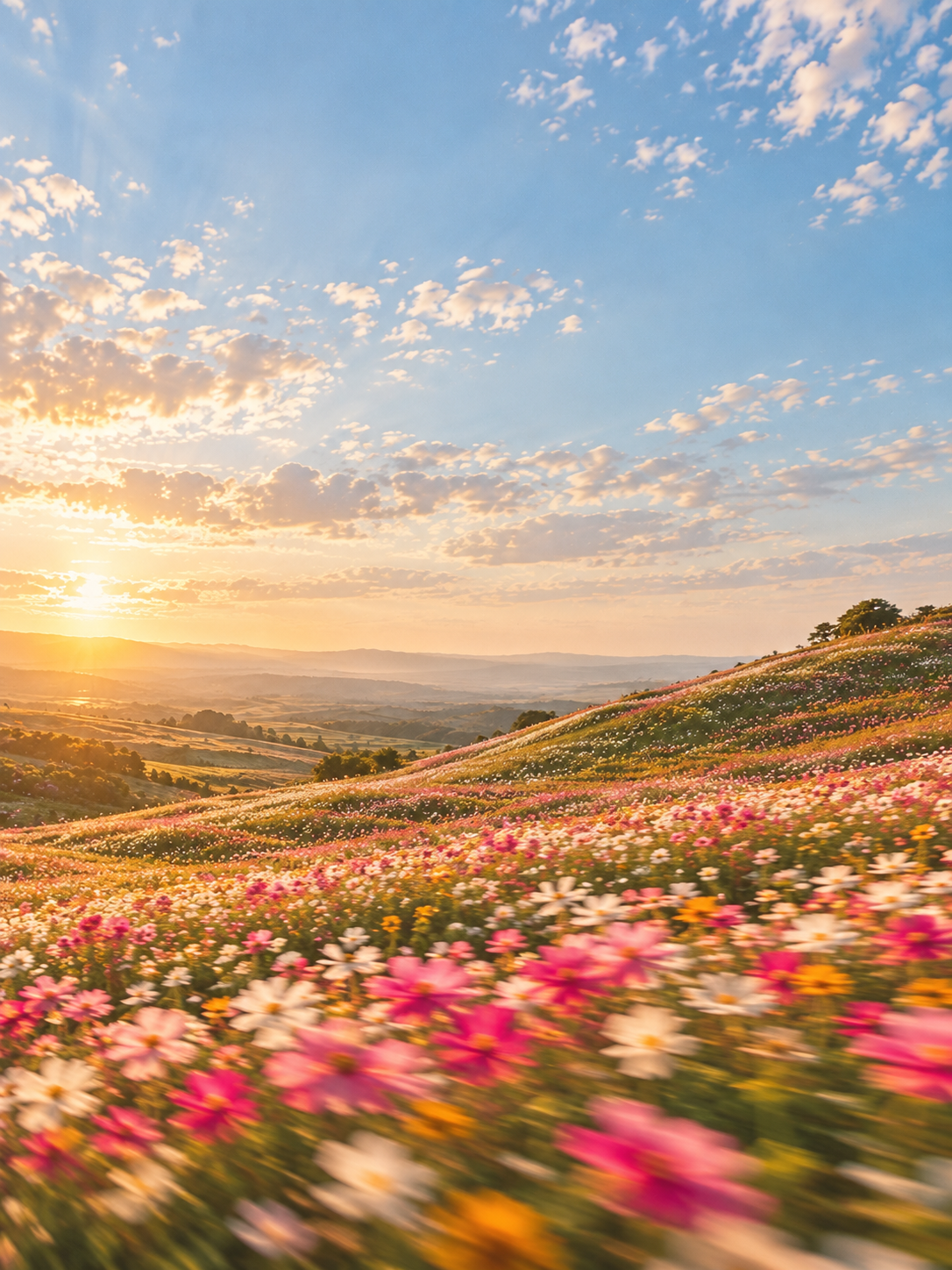 A meadow of wildflowers caught in a summer breeze. Mobile hero or tall editorial panel.