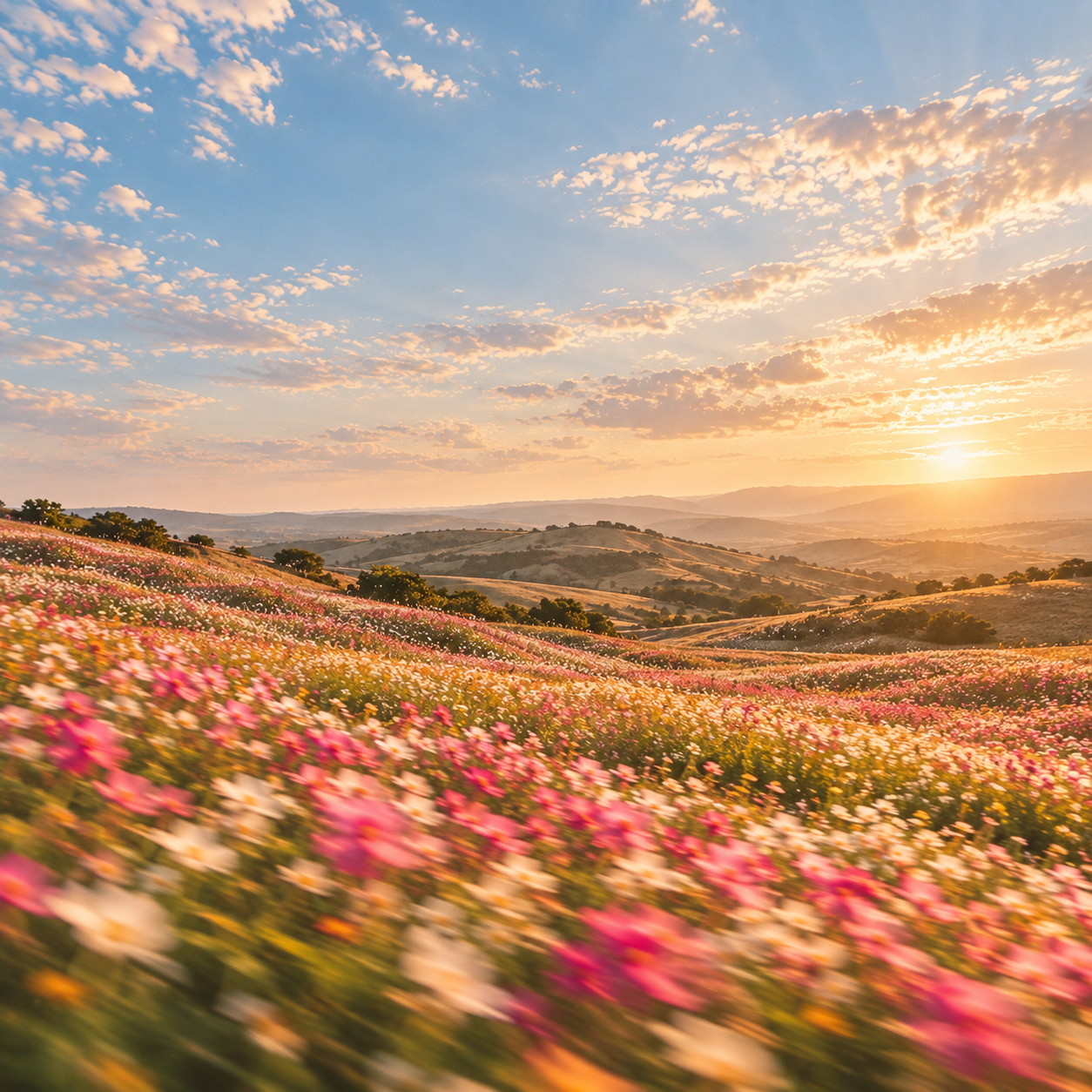A meadow of wildflowers caught in a summer breeze. Service, journal or feature card.